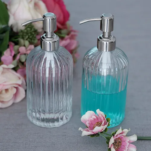 Miniatura 2 de Dispensador de jabón de vidrio transparente de 18 onzas, paquete de 2 dispensadores de jabón para platos de manos para baño con bomba de acero