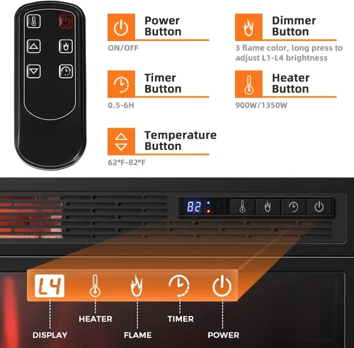 Miniatura 6 de Tangkula Chimenea eléctrica empotrada de 28 pulgadas, calentador de chimenea de 900/1350 W con temperatura ajustable, función de temporizador, 3