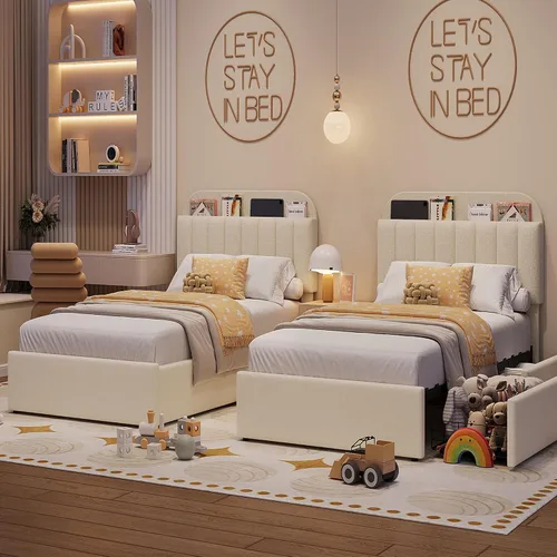 Miniatura 5 de IDEALHOUSE Base de cama individual para niños, cama plataforma tapizada con botones para niños/niñas con 2 cajones flexibles, cabecero tipo