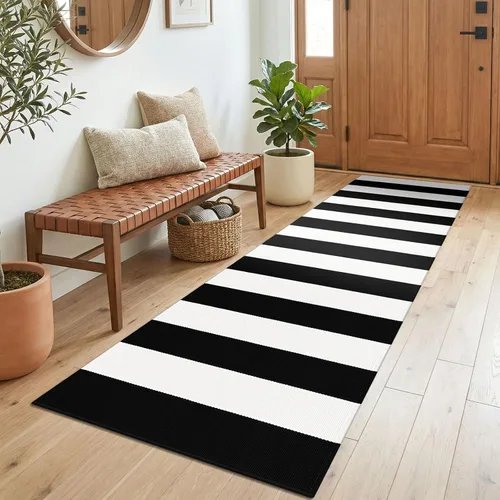 Miniatura 21 de KOZYFLY Alfombra a rayas blancas y negras de 2 x 3 pies, tejido de algodón, lavable, para interiores y exteriores, alfombra pequeña para puerta