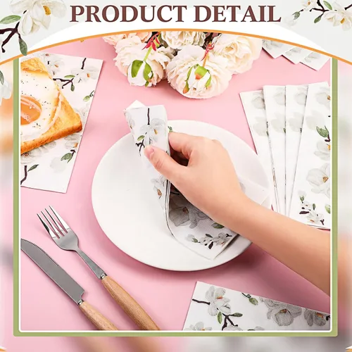 Miniatura 4 de Outus 100 servilletas de mano desechables con diseño floral de magnolia blanca de 3 capas de flores de primavera, para baño, servilletas de papel