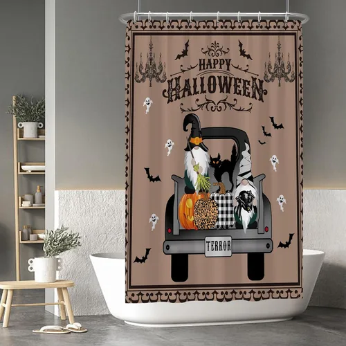 Miniatura 105 de Cortina de ducha de fantasma y gato negro para niños, 36 x 72 pulgadas, espeluznante y bonita, cortina de baño de Halloween con 6 ganchos, cortina