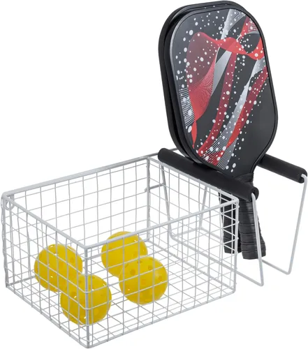 MyGift 16 Inch Wall Mounted Metal Pickleball Paddle Rack and Storage, Hanging Equipment Organizer with Racket Holder and Basket for Balls