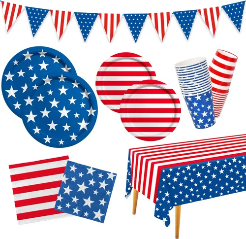 Suministros de fiesta patriótica del 4 de julio con bandera estadounidense, platos y servilletas de papel desechables, servilletas de cóctel, vasos,