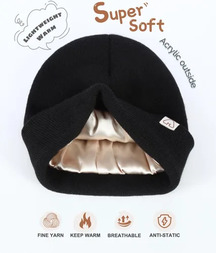 Miniatura 3 de Hat Hut Gorro de invierno con forro de satén para niños pequeños, gorro de punto con puños y forro de seda