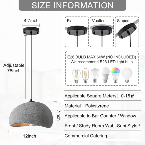 Miniatura 3 de Lámpara colgante Wabi Sabi de 11.8 pulgadas, luminaria de techo japonesa moderna para comedor, isla de cocina, pasillo, lámpara colgante gris