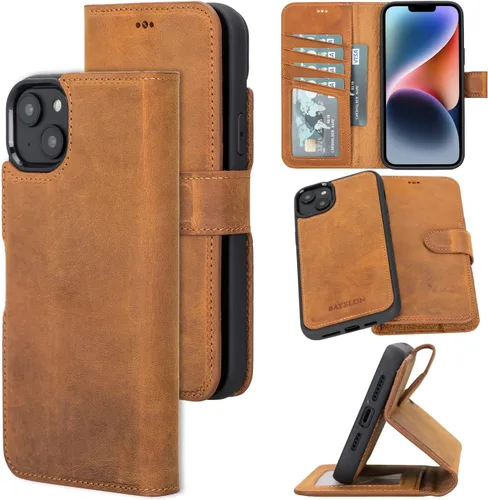 Bayelon Funda para iPhone 14, funda de cuero de grano completo, [2 en 1], funda magnética desmontable con ranuras para tarjetas, soporte y función