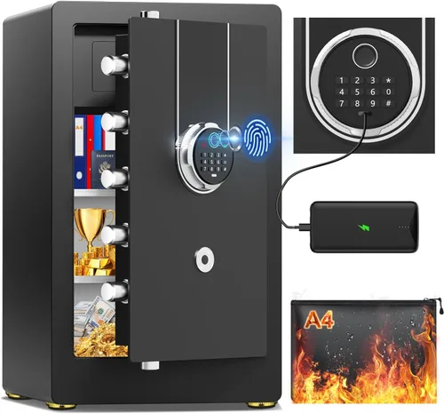 Miniatura 14 de Pequeña caja de seguridad biométrica inteligente para el hogar, mini caja fuerte para el hogar con alertas dobles antirrobo, modo silencioso