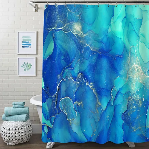 Gibelle Cortina de ducha de mármol azul, cortina de ducha abstracta de tela azul real para baño, juego de cortina de ducha moderna de acuarela de