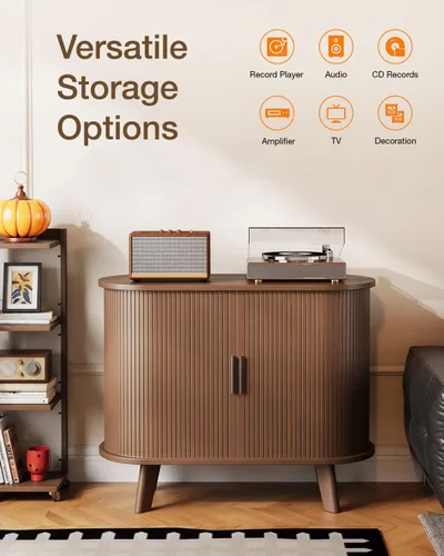 Miniatura 6 de Soporte para tocadiscos, mueble moderno de mediados de siglo con puertas correderas, gabinete de estantería de audio-video, soporte de medios