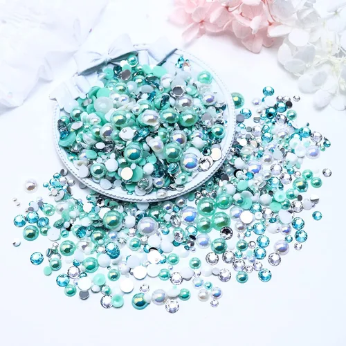 Miniatura 3 de 60g de perlas planas mixtas y diamantes de imitación para manualidades, vasos, zapatos, arte de uñas facial, perlas medias de 2mm-10mm y piedras