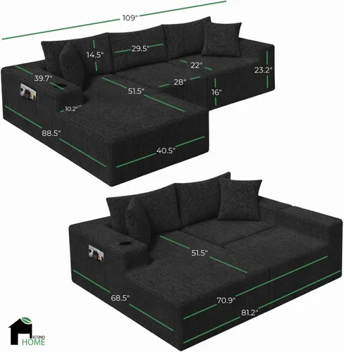 Miniatura 2 de EconoHome Sofá seccional Boneless Cloud, asiento profundo de felpa en forma de L para relajarse y entretener, construcción duradera y fácil montaje