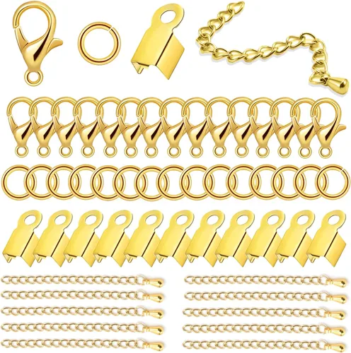 Miniatura 11 de Juego de 580 piezas de accesorios para fabricación de joyas, incluye 250 conectores de anillo de salto abiertos, 250 tapas de extremo de cable Oro