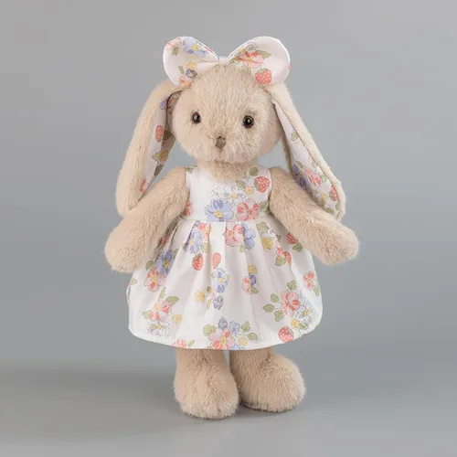 Miniatura 7 de Conejito de peluche de 14 pulgadas, conejo beige con vestido floral de fresa y lazo, regalo de conejo de Pascua suave para niñas, decoración