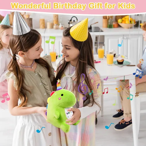 Miniatura 5 de Peluche de Dinosaurio de Cumpleaños - Juguete de Peluche Verde de 12" con Luz y Música de Feliz Cumpleaños, Peluche de Dino con Peso, Lindos Regalos