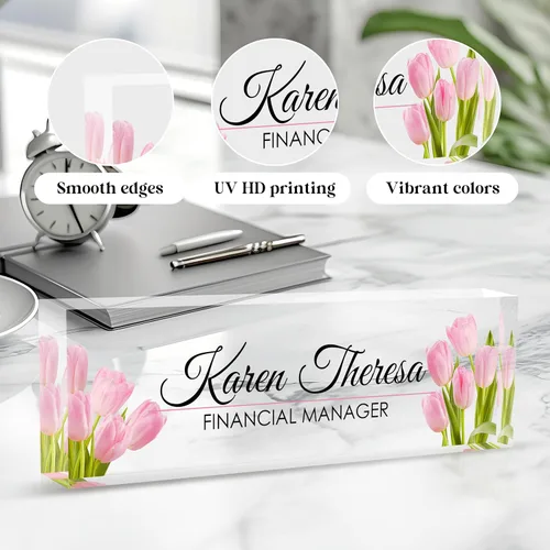 Miniatura 3 de Placa de nombre de oficina personalizada, regalos personalizados para mujeres y empleados, accesorio de escritorio de oficina (Tulipán Rosa)