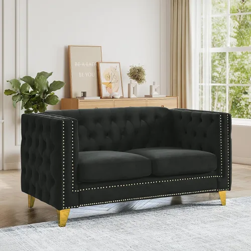 Miniatura 10 de JEEOHEY Juego de Sofás Chesterfield de 2, Sofá Moderno de Terciopelo con Capitoné y Ribete de Tachuelas, Sofá Tapizado de Asiento Profundo, Sofá