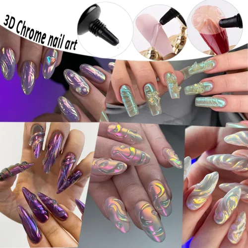 Miniatura 6 de Fcozpjk Polvo de uñas cromado, 4 colores, efecto espejo, camaleón, cromado, polvo de uñas con gel de escultura 3D, polvo de uñas Aurora transparente
