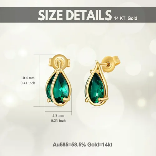 Miniatura 4 de MUUYON Aretes de esmeralda de oro sólido de 14 quilates con parte trasera forma de pera de oro real aretes de esmeralda creados de 0197 x 0276in