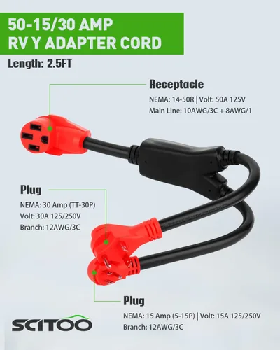 Miniatura 2 de SCITOO Adaptador de cable de alimentación RV Y-Split, hembra de 50 amperios a (1) 30 amperios - (1) adaptador macho RV de 15 amperios, adaptador