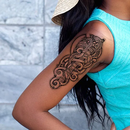 Miniatura 4 de 2 tatuajes temporales con hacha vikinga, dragón, nórdico, palo negro, tribal, bárbaro, celta, guerrero, en el cuerpo, pegatina de transferencia
