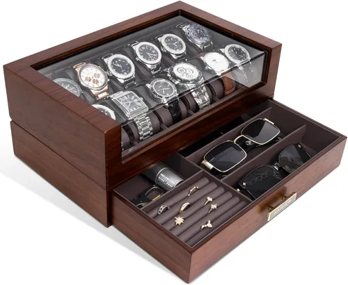 KAMIER Caja organizadora de relojes con 12 ranuras para hombres, organizador de caja de reloj de madera de dos niveles para hombres con soporte para