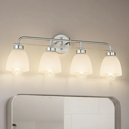 Miniatura 15 de Luces de tocador modernas de mediados de siglo de 16 pulgadas, lámpara dorada de 2 luces con pantallas de campana blancas esmeriladas, aplique