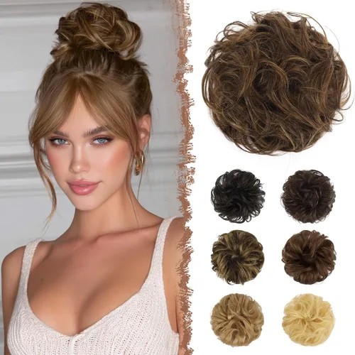 Miniatura 17 de FESHFEN Moños Desordenados Humanos - Moño de Cabello Humano 100% Real Coleteros Scrunchies Piezas de Cabello Extensiones de Cola de Cabello Ondulado