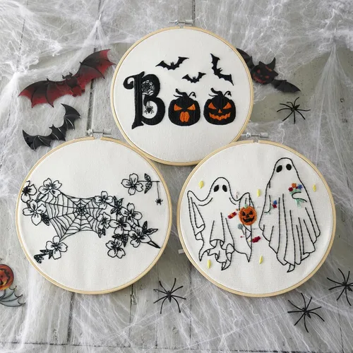 Miniatura 4 de Kit de bordado de Halloween para adultos principiantes, kit de punto de cruz estampado para adultos principiantes, kit de inicio de bordado a mano