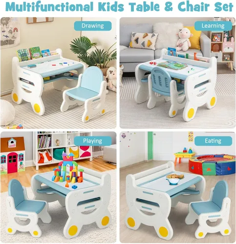 Miniatura 8 de Costzon - Juego de mesa y silla para bebé, escritorio de actividades de plástico con pizarra, bolígrafos de acuarela, borrador de pizarra y estante