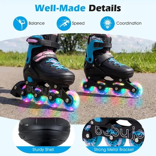 Miniatura 6 de BABY JOY Patines en línea, 4 tamaños ajustables para niños con ruedas iluminadas para niños de 5 a 14 años, divertidos patines iluminadores