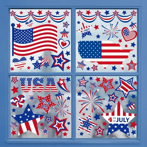 Miniatura 2 de Decoraciones patrióticas para ventanas del 4 de julio, 9 hojas de calcomanías de ventana de bandera estadounidense para ventanas de vidrio