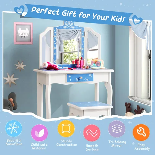 Miniatura 7 de GLACER Vanity - Tocador de maquillaje 2 en 1 con parte superior desmontable, espejo de tres pliegues, cajón, taburete, juego de mesa y silla