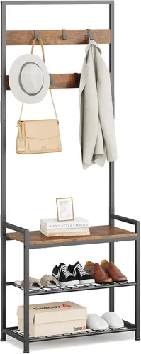 Miniatura 10 de Perchero de pasillo con almacenamiento de zapatos, banco de almacenamiento de árbol de entrada, muebles decorativos de aspecto de madera con marco