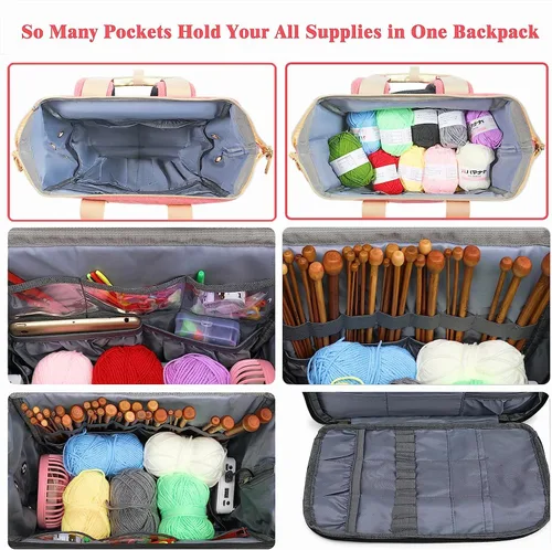 Miniatura 4 de Mochila de Ganchillo, Mochila Bolsa de Tejer Organizador de Almacenamiento de Hilo Bolsa de Ganchillo de Viaje con Puerto de Carga USB, Bolsa Tote