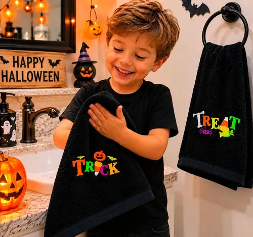 Miniatura 2 de Juego de 2 toallas de mano decorativas de Halloween, toallas de algodón de terciopelo de felpa negra con diseño bordado de truco o trato, toallas
