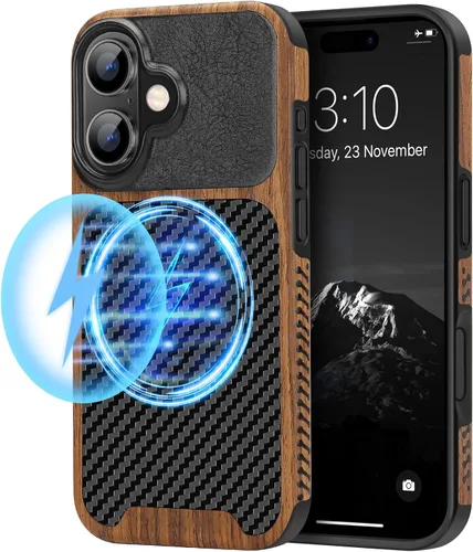 Miniatura 8 de TENDLIN Compatible con iPhone 17 Pro Max Funda de madera con textura de fibra de carbono Diseño de cuero híbrido delgado (negro)