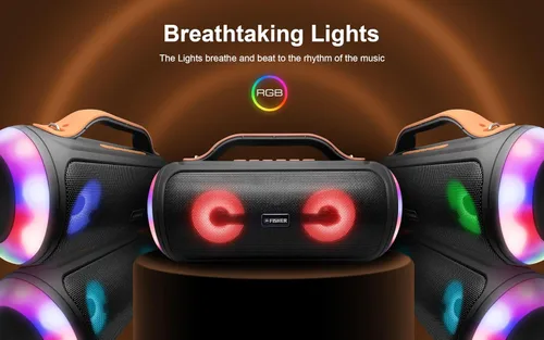 Miniatura 4 de Fisher Altavoces Bluetooth, altavoz inalámbrico portátil de 20 W de potencia máxima Boombox con sonido HD y luces, resistente al agua, tiempo