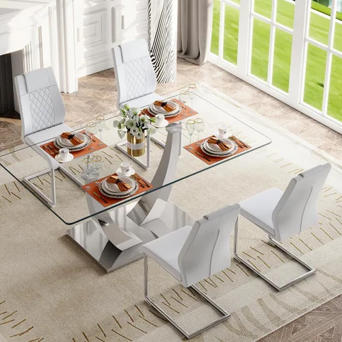 Miniatura 15 de Mesa de comedor moderna para mesa de comedor de mármol sintético de 4/6, 63 pulgadas, mesa de cocina rectangular, mesa de cocina y comedor de fácil
