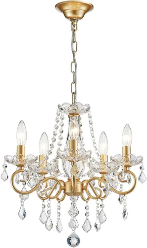 ANJIADENGSHI Mini Candelabro de Cristal K9 Cristal Dorado para Sala de Estar, Dormitorio, Comedor, Isla de Cocina, Entrada, 5 Bombillas E12, Alto