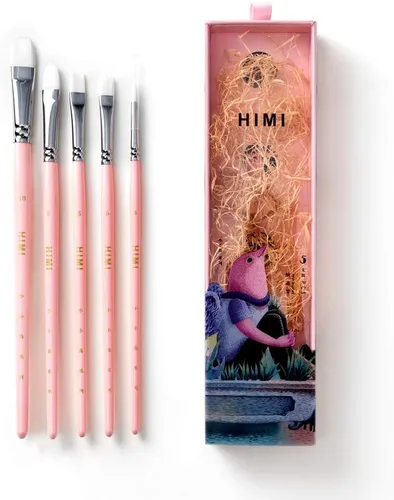 HIMI Little Bird - Juego de 5 pinceles para pintura acrílica al óleo gouache, 1 pincel ancho, 3 pinceles de abanico, 1 pincel de revestimiento, Rosa