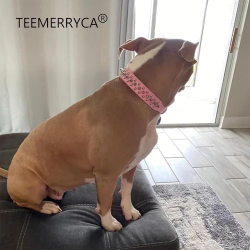 Miniatura 6 de TEEMERRYCA Collares de cuero ajustables con pinchos y tachuelas para perros con una bola chirriante de regalo para mascotas pequeñas, medianas y Rosa