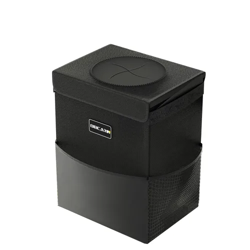 Miniatura 9 de Cubo de basura para automóvil con tapa - Bolsa de basura colgante con bolsillos de almacenamiento a prueba de fugas, organizador de SUV plegable