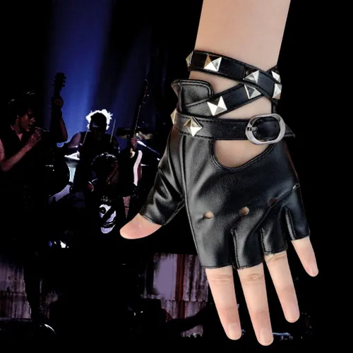 Miniatura 5 de Guantes de piel sintética con remaches punk, de medio dedo, sin dedos, para mujer