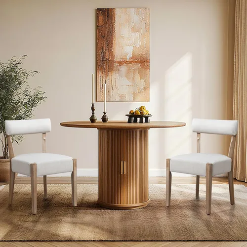 ZJhome Sillas de comedor, paquete de 2 sillas de cocina de madera modernas de mediados de siglo con tapicería de lino, diseño tejido de respaldo
