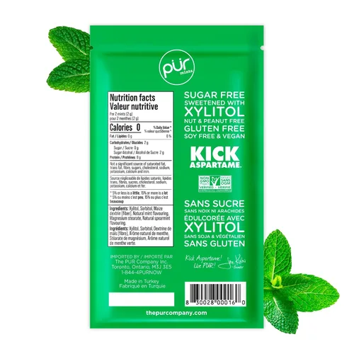 Miniatura 2 de PUR Mentas Mentas para aliento fresco sin aspartame Hechas con xilitol Sin azúcar, veganas, sin gluten Sabor natural a menta verde 65