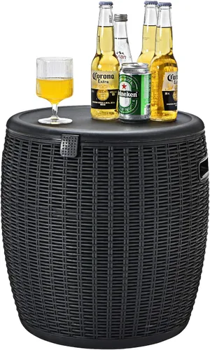 Miniatura 6 de Giantex Enfriador de hielo de 9.5 galones, baúl redondo de mimbre, cubo de hielo para vino de cerveza al aire libre, tapa superior, asas laterales