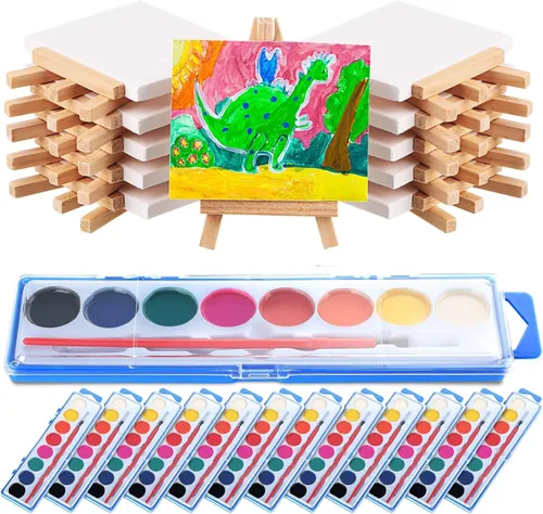 Fuutreo Juego de 24 piezas de pintura de acuarela de 3 x 4 pulgadas, mini caballete de lienzo, juego de pinceles, recuerdos de fiesta de arte y