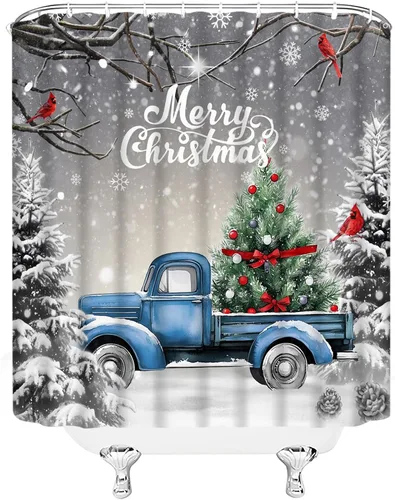 Miniatura 6 de GCTNBJL Cortina de ducha de invierno de Navidad, camión rojo y azul, árbol de Navidad, bosque gris, naturaleza, rústico, feliz Navidad, 36 x 70