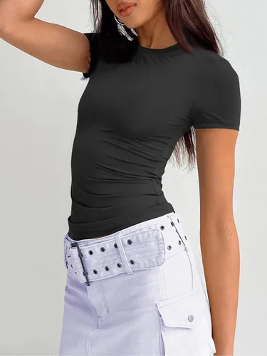 Miniatura 4 de Trendy Queen Camisetas básicas para mujer, cuello redondo, manga corta, lindas camisetas de verano, ajustadas, ropa Y2K